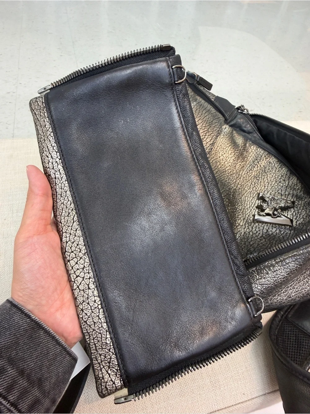 MCM Metallic Black Textured Backpack with pouch